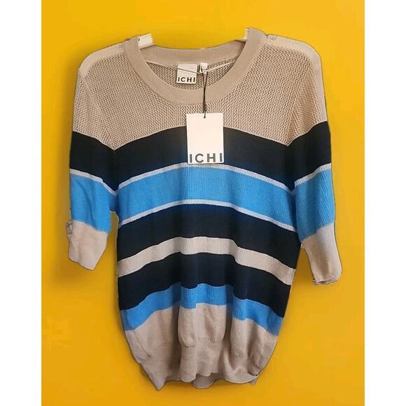 Ichi Short Sleeve Pullover Knit Women's Medium Striped Sheer Knit Detail A101 - Picture 1 of 5